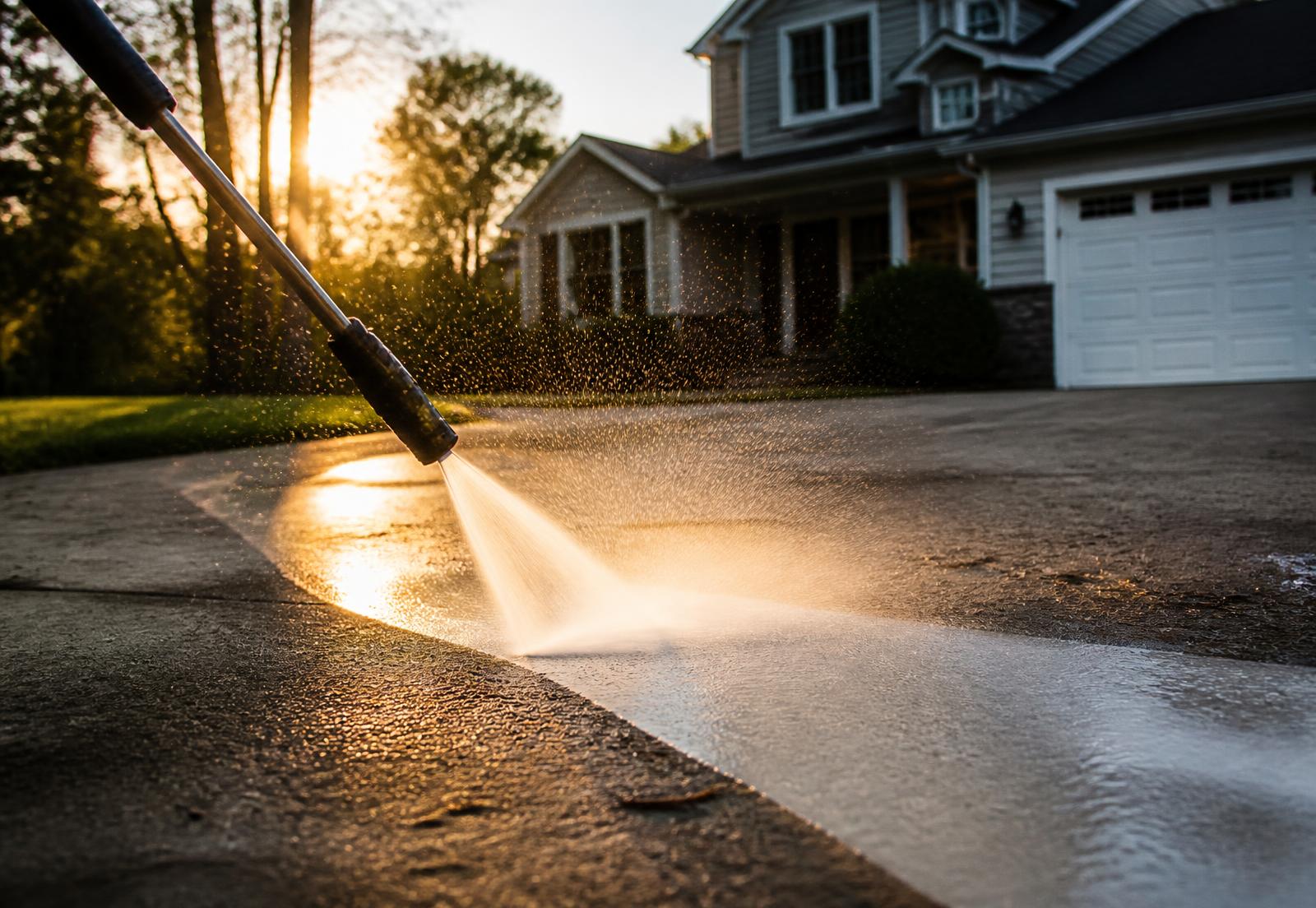 Pressure washer cleaning a dirty concrete driveway in front of a New Jersey home